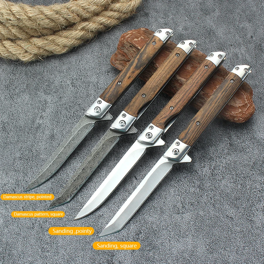 Portable Damascus Pattern Carry Pocket Knife Survival Knife Wooden Handle Folding Knife Outdoor Folding Knife Tactical Knife