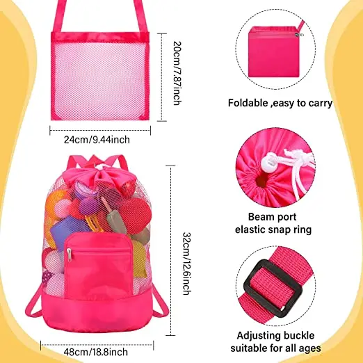 Kids Foldable Beach Mesh Bag Beach Storage Pouch Tote Bag Large Capacity Travel Toy Organizer Summer Portable Storage Backpack