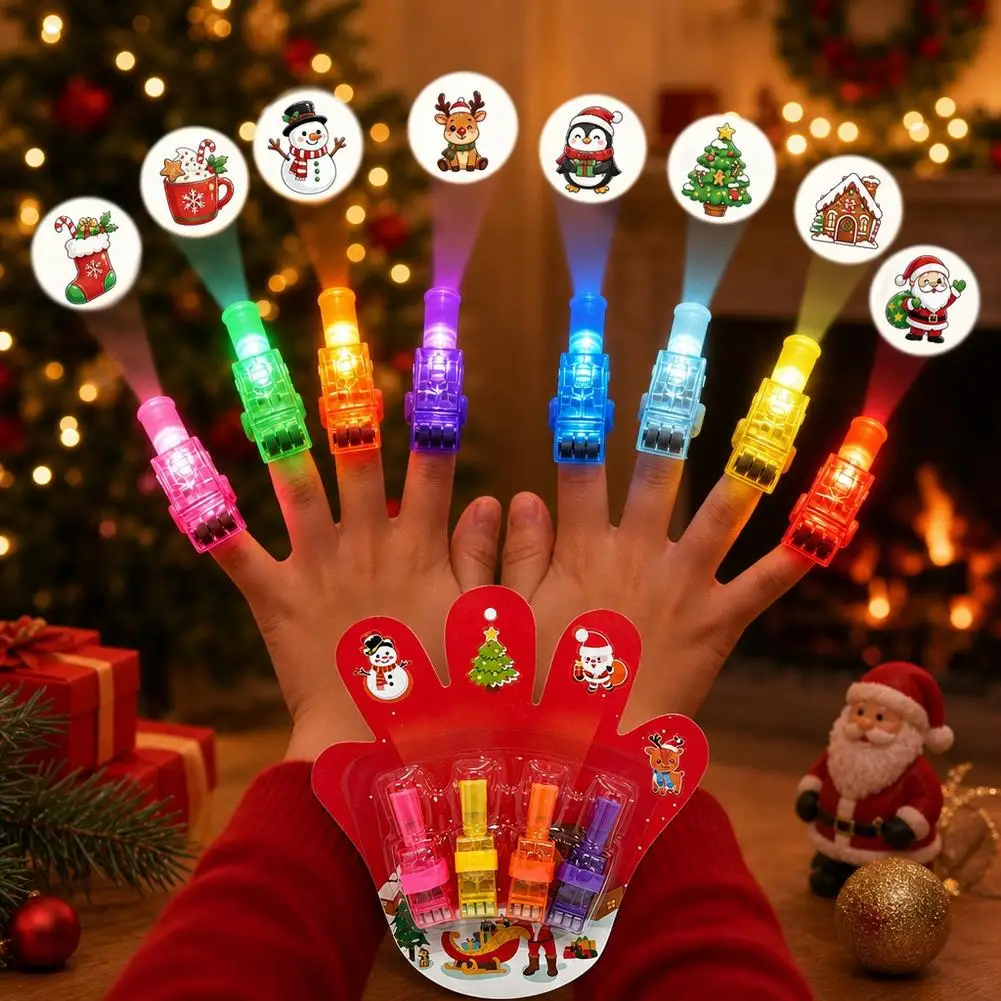4pcs Christmas Projection Finger Lights Glow in Dark Mini Pattern Projector Flashlight Toys Party Supplies Costume Accessory