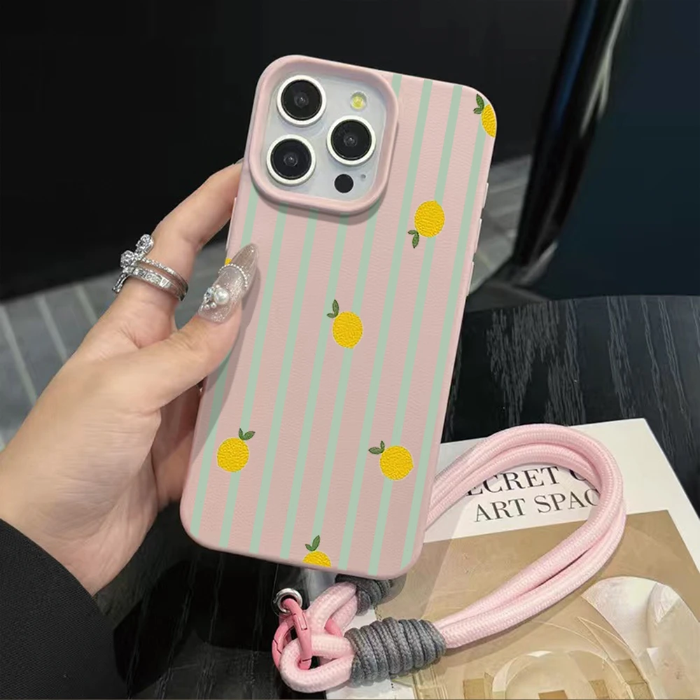 Striped Lemon Hand Wrist Strap Leather Phone Cases For iPhone 17 13 11 12 Pro Max Plus 15 14 16 XR XS 17 Air With Lanyard Cover view 2