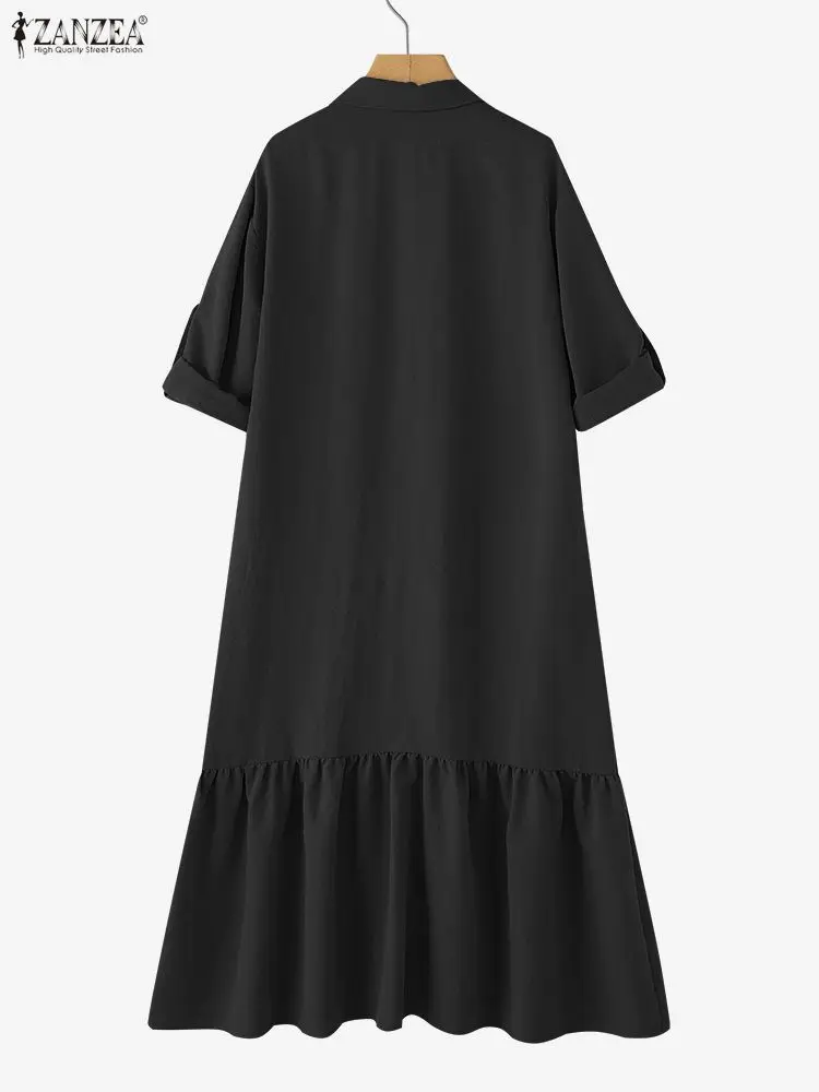 ZANZEA 2025 Autumn Casual Lapel Neck Long Sleeve Dresses Women Fashion Shirt Dress Solid Buttons Midi Robe Elegant Work Sundress