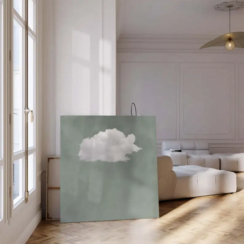 Grass Green Sky Clouds Wall Painting Square Canvas Abstract Art Simple Mural Living Room Decoration Frameless Canvas Painting