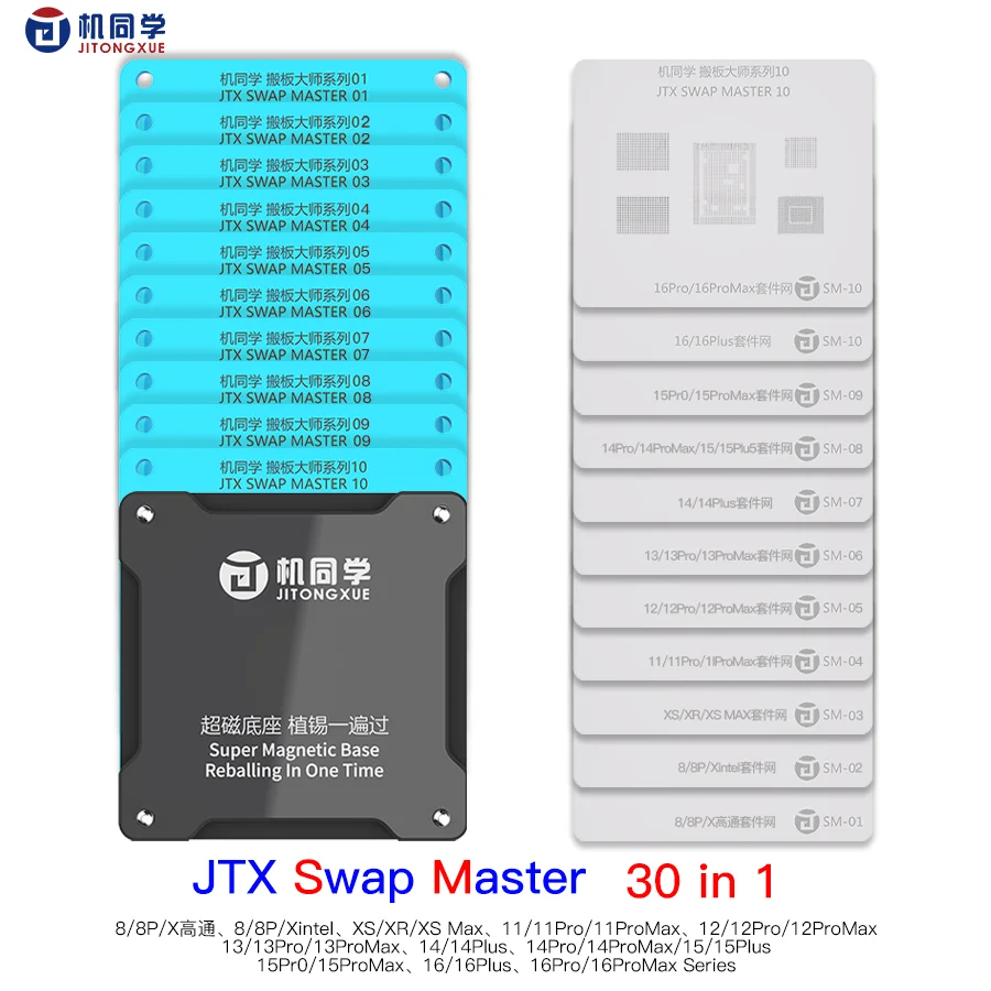 

Newest JITONGXUE JTX 30in1 IP Master Swap Board Chips Reballing Platform For IP8-16 Series Phone Repair Tools Stencil Kit