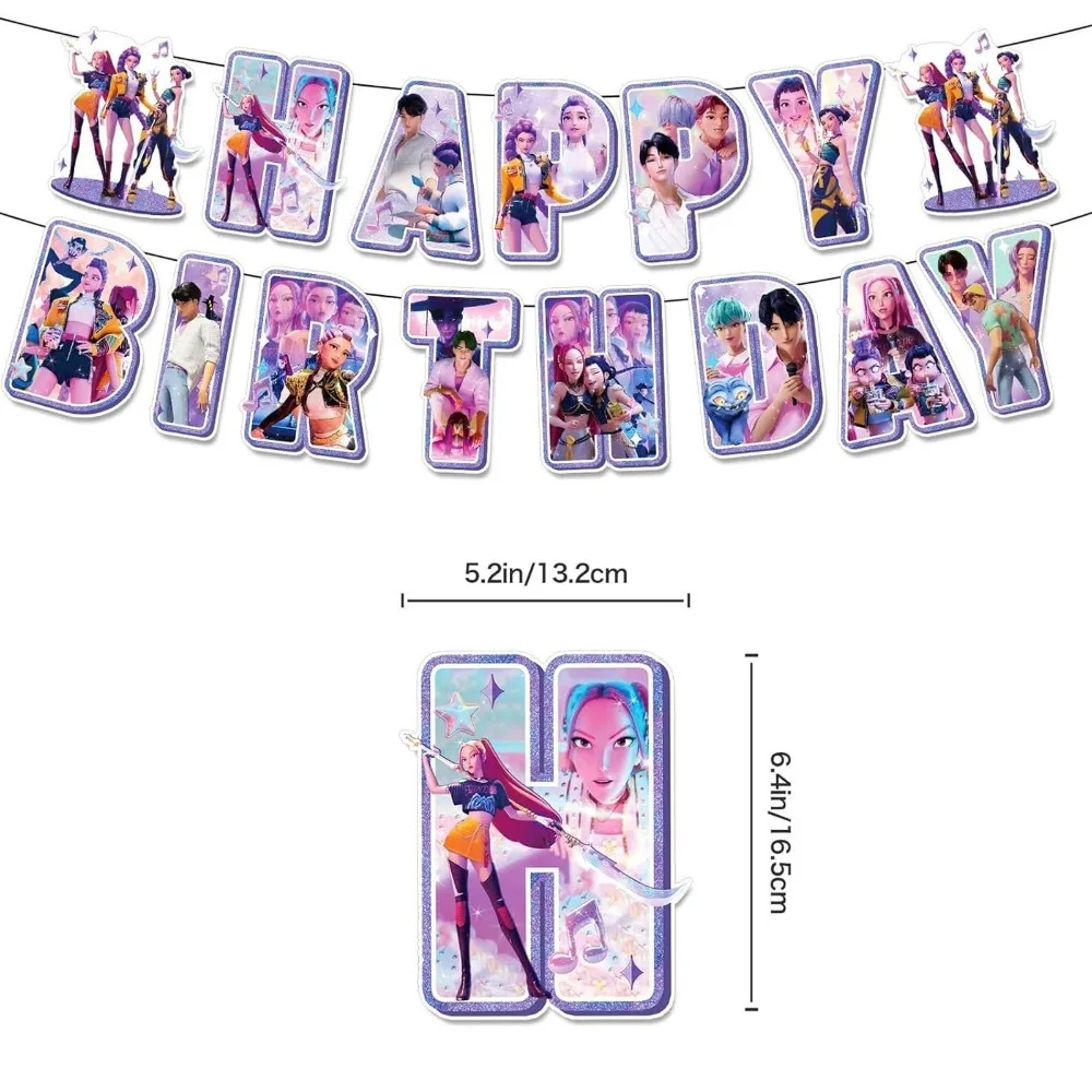 مجموعة لوازم حفلات أعياد الميلاد بطابع شيطان الصيادين من KPOP، لافتات زينة مفرش المائدة، أغطية الكيك، بالونات ومغازل معلقة