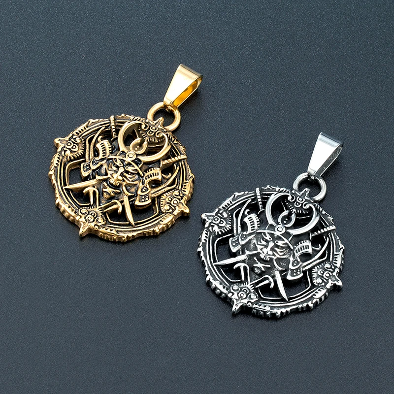 Samurai Oni Mask Titanium Steel Pendant,Men's Japanese Punk Necklace,Gothic Trendy Jewelry(Golden/Steel Color)For boyfriend Gift
