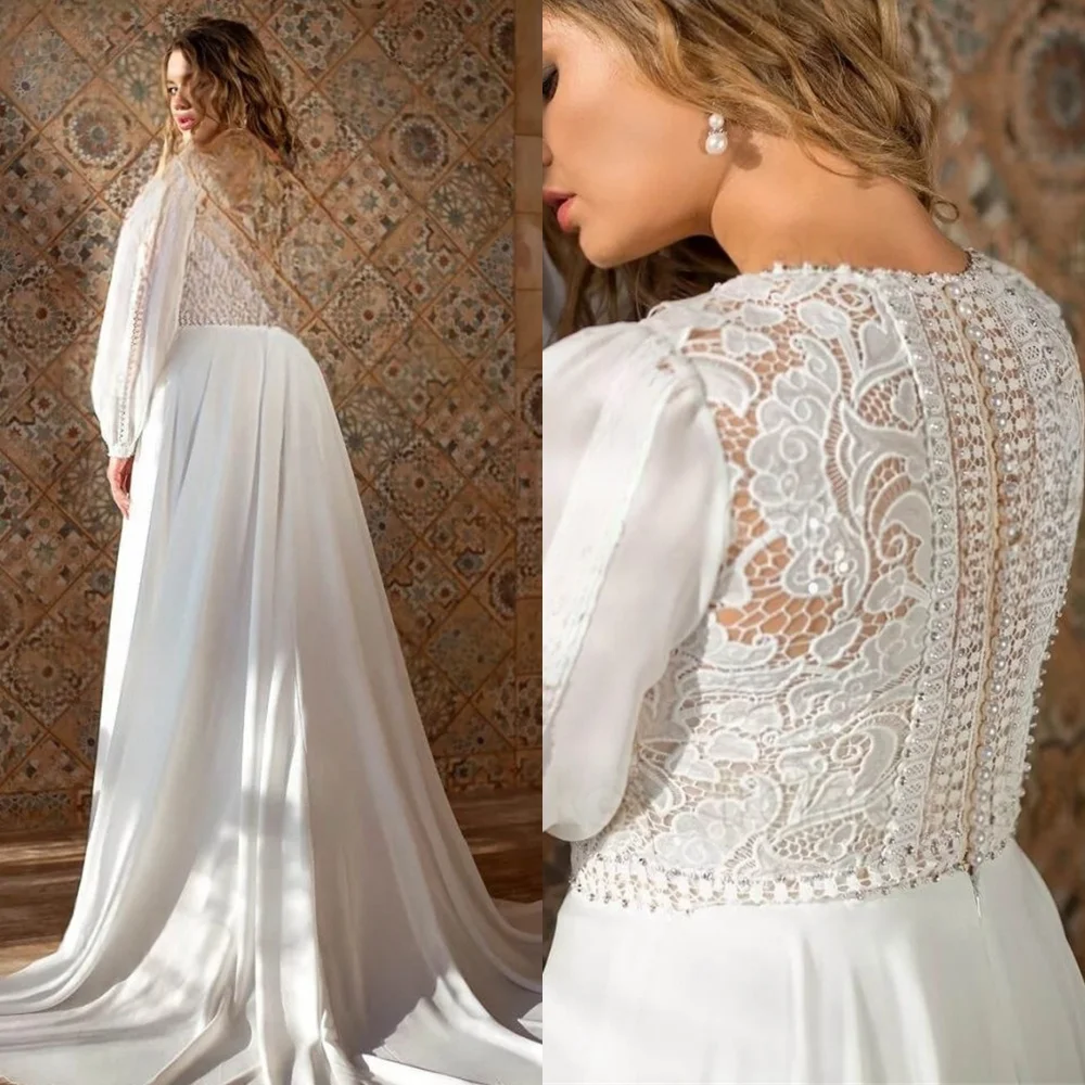 カスタマイズされた白ジャージブライダルドレス気質クルーネック長袖ウェディングドレスチャペルトレインジッパーバックドレス