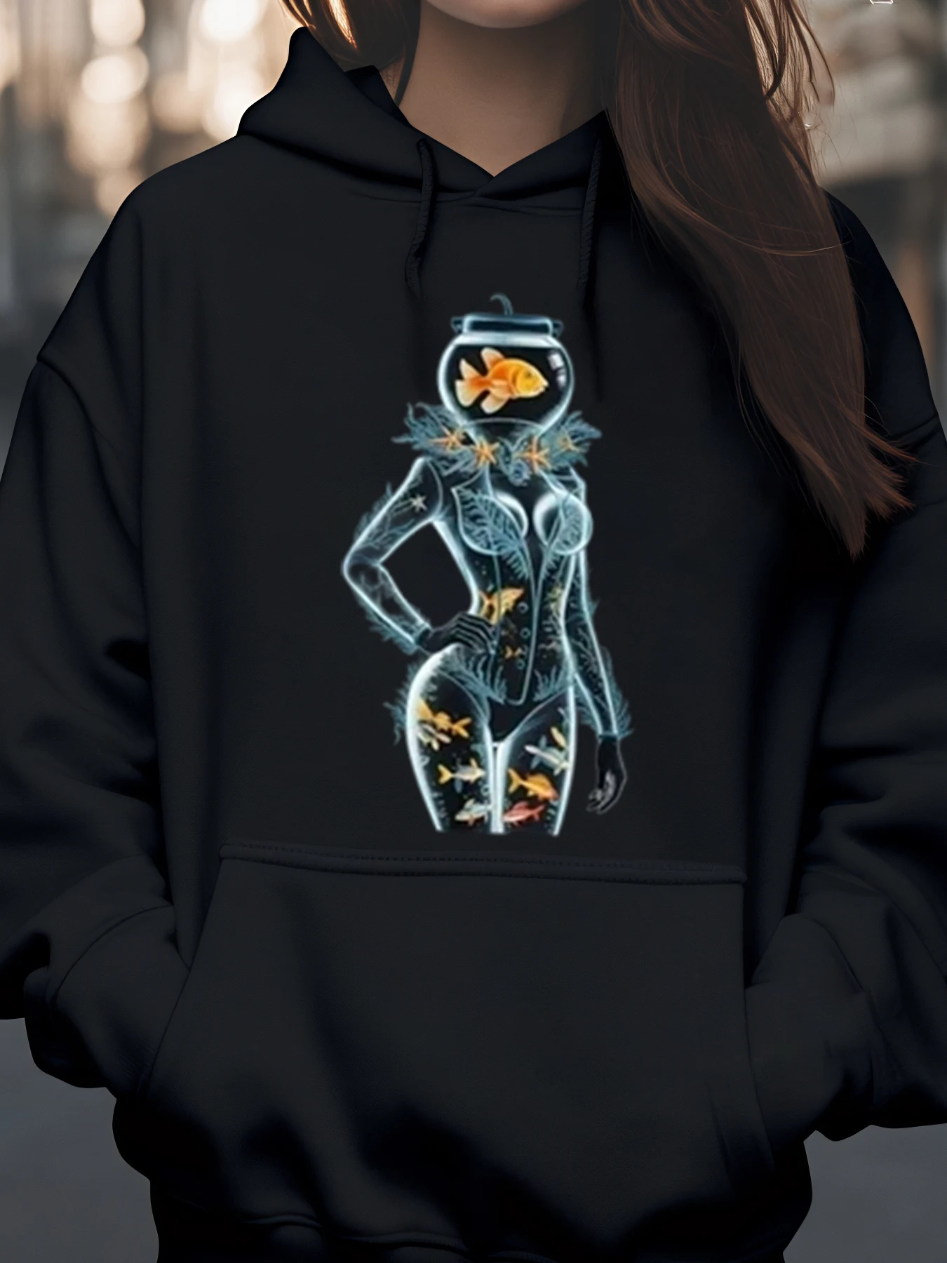 

Fish Bowl Body Art Print Hoodie Halloween Casual Wear Women