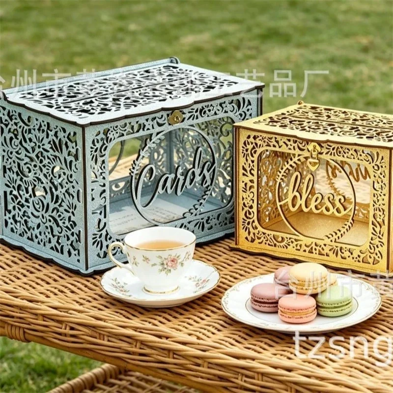 Golden Glitter Hollow Wooden Lockable Wedding Card Box With Photo Frame For Wedding Reception Bridal Shower Engagement Party