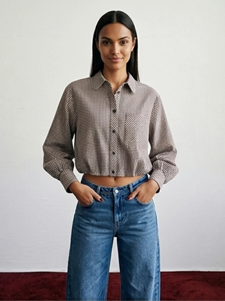 

Women's Plaid Lantern Sleeve Crop Shirt Elegant Oversized Button Down Blouse 2026 Lady Summer Y2k Daily Streetwear Top 2026
