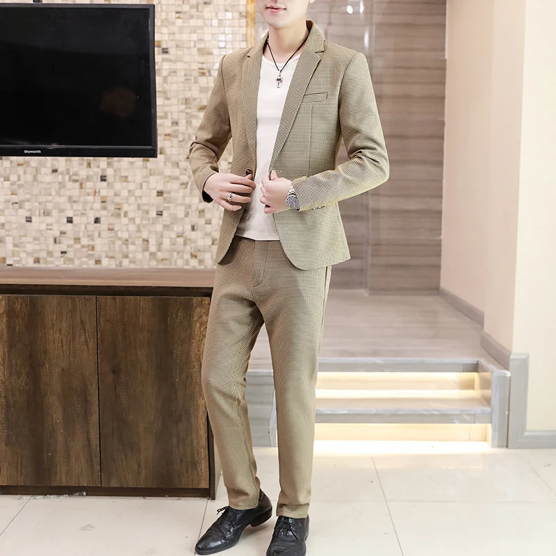 Business Casual Striped Suits Jacket & Full-Length Pant Slim Fit 2-Piece Solid Men's Sets European-Style Dress Top Coat Clothing