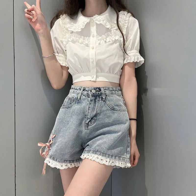 Korean Version of Retro Lace-edged Denim Shorts  Women with High Waist Loose Hot Pants Slimming A-line Shorts Wide Legs