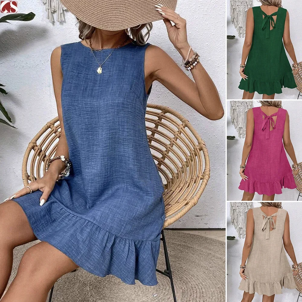 Sommer 2026 Lässiges Westenkleid für Damen – Modisches ärmelloses Mini-A-Linien-Kleid im frischen, süßen Stil mit Rüschensaum, lässiges, lockeres Kleid