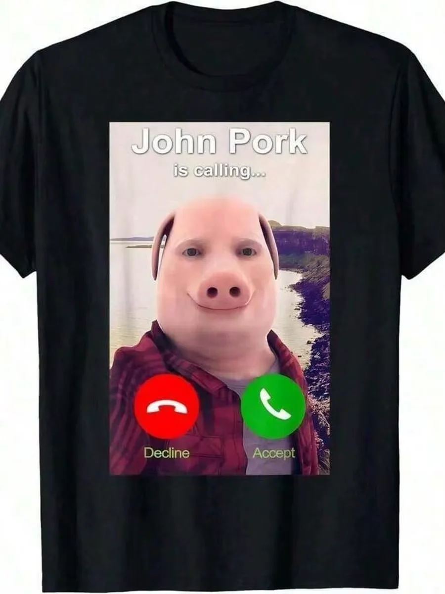 Funny Meme Pig Call Interface Printed T Shirt Summer Breathable Short Sleeve Tops Unisex Viral Internet Character Daily Tees