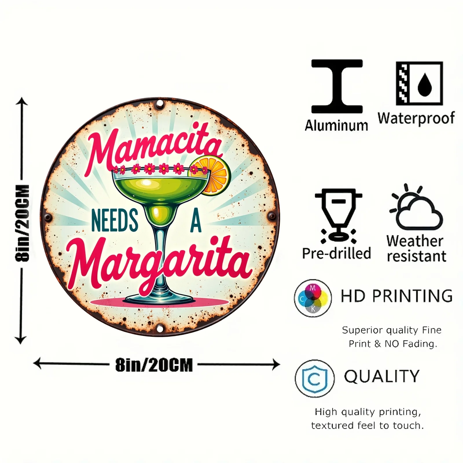 2D Flat, 1pc Vintage 'Mamacita Needs a Margarita' Metal Tin Sign - Rustic Aluminum Wall Art with Floral Accents & Margarita Glas