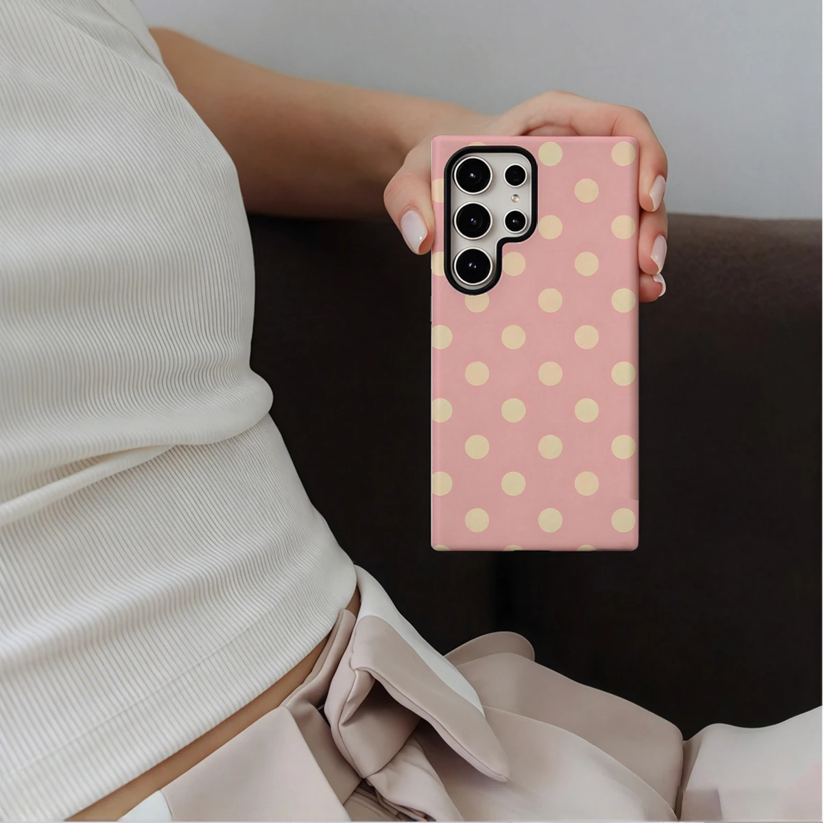 Pink Cream Large Dots Phone Case For Samsung Galaxy S26 S25 Ultra S24 S23 Plus Hard Shock‑Absorption 2-in-1Protective Cover