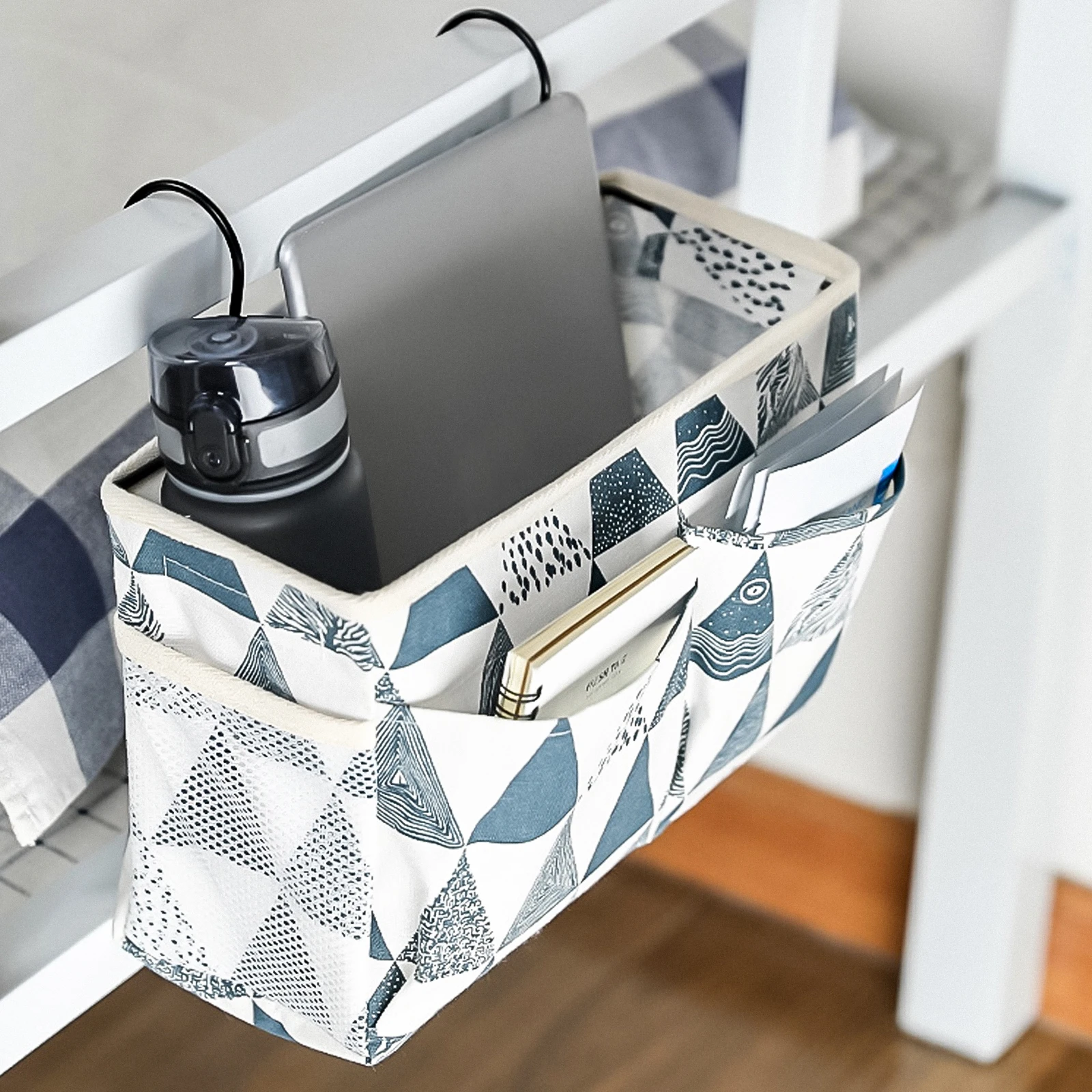 

Bedside Hanging Pouch Premium Cotton Linen Storage Bag Dorm Room Organizer Space-Saving Iron Material Sturdy Easy Clean