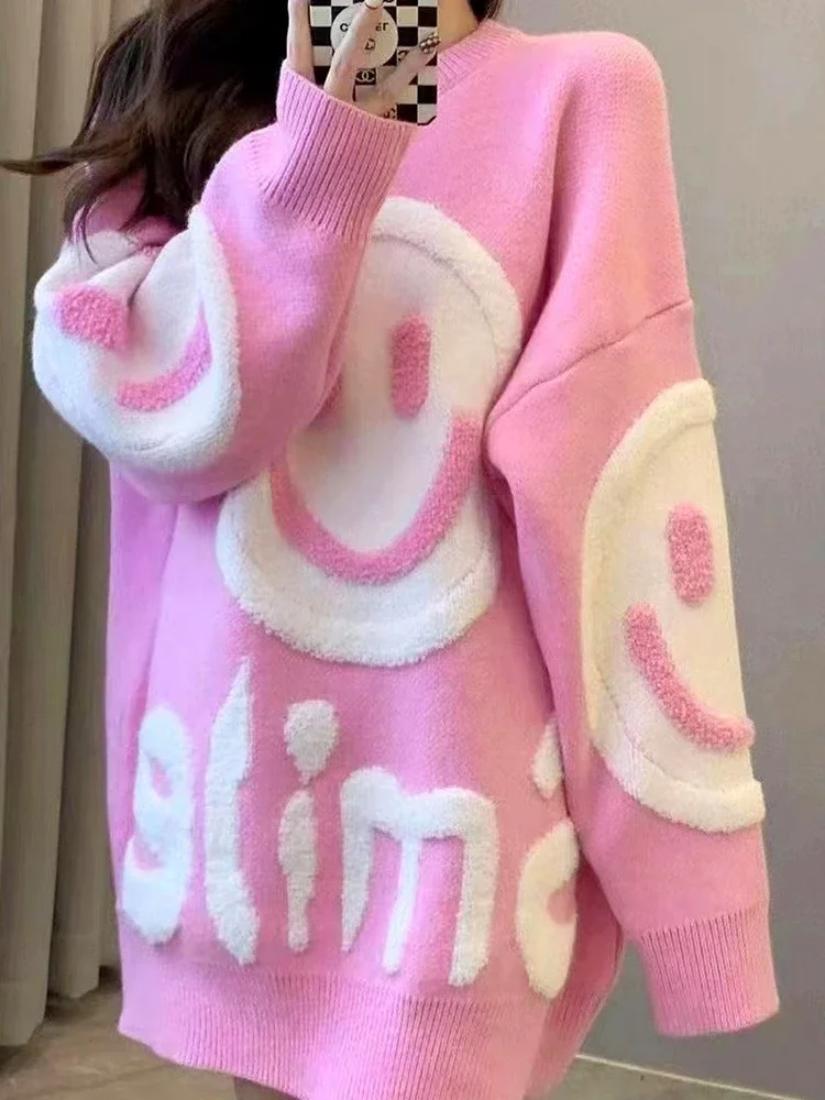 

Women Round Neck Long Sleeves Tops Autumn Winter Knit Women Pullover Loose Thickened Fashion Sweater Versatile Smiling Face Warm