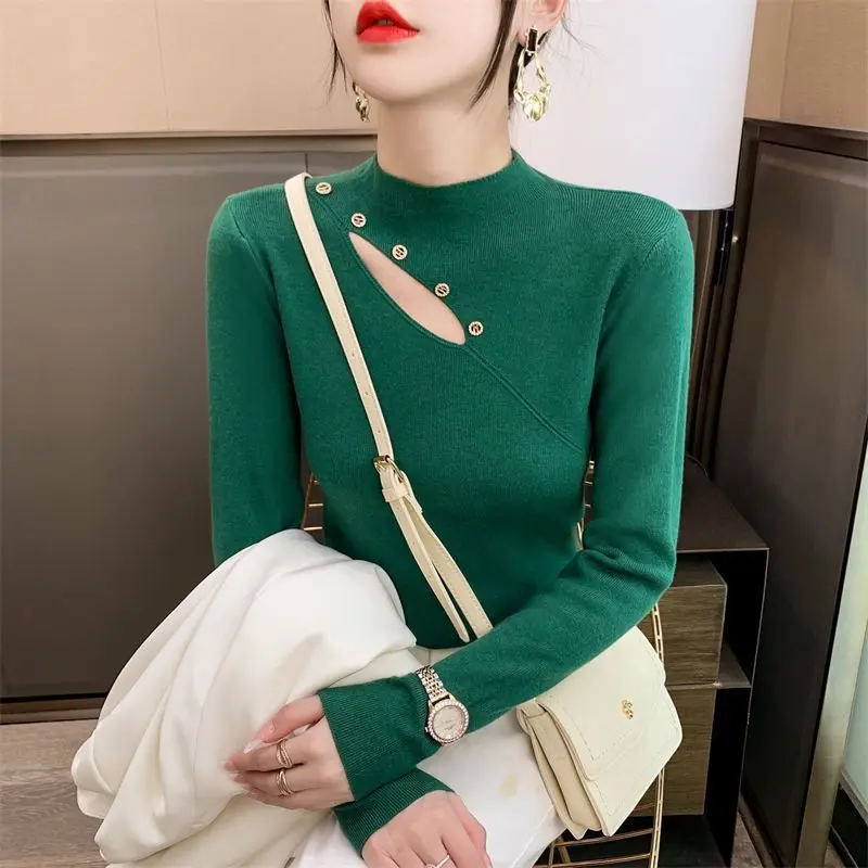 Korean Fashion Autumn Sweaters Pullovers Women Mock Neck Solid Button Office Lady Bottoming Female Slim Long Sleeve Knitted Tops