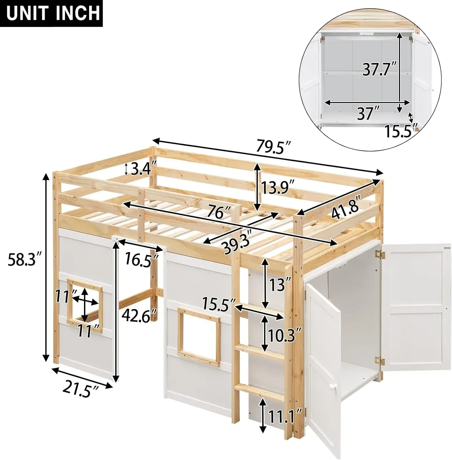 Size Loft Bed with Wardrobe, Wood Playhouse Loft Bed Frame with Storage for Kids, High Loft Bed with Ladder and Guardrails for