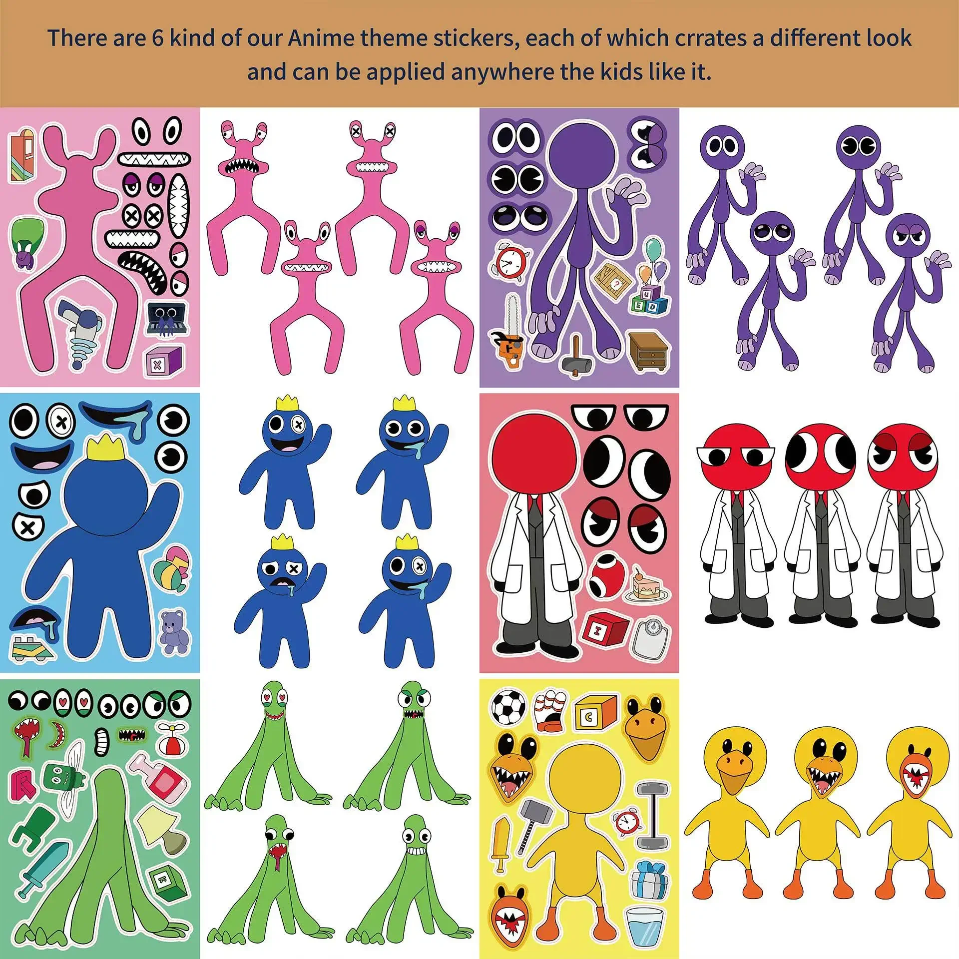 6Pcs Rainbow Friend Children Puzzle Stickers Make-a-Face Funny Assemble Jigsaw DIY Cartoon Sticker Kids Educational Toys Gift