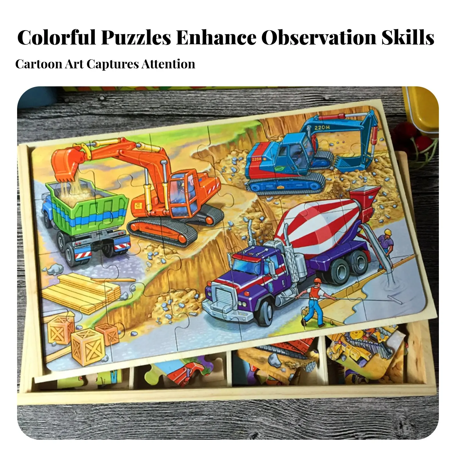 

Kids Wooden Puzzle Game, Large Pieces, Cartoon Traffic, Dinosaur, Animal Themes, Educational Toy, Wooden Storage Box