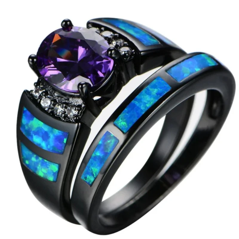 

JLR-385 New Design Blue Fire Opal and Oval Purple Zircon Ring with Black Gold plated For women and Man