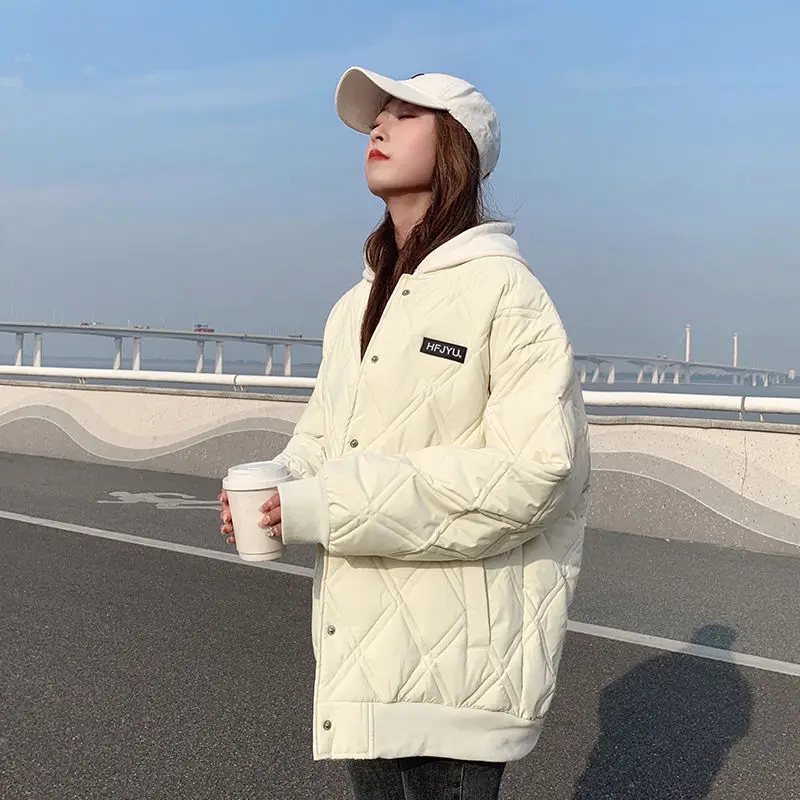 Solid Rhombic Light Down Cotton Jacket Single Breasted Pocket Baseball Uniform Autumn Winter 2023 Slim Casual Women's Outerwear