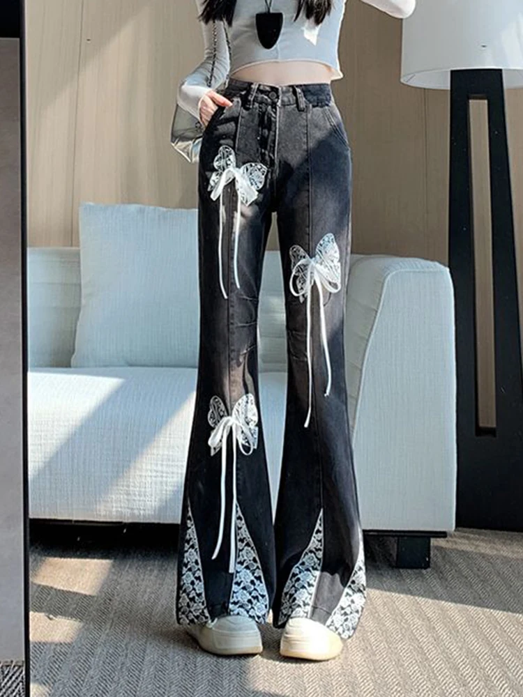 Retro Lace Bow Jeans Women High Waist Slim-Fit Denim Pants Black Jeans Casual Pocket Y2K Pants Skinny Trumpet Pants Flare Jeans