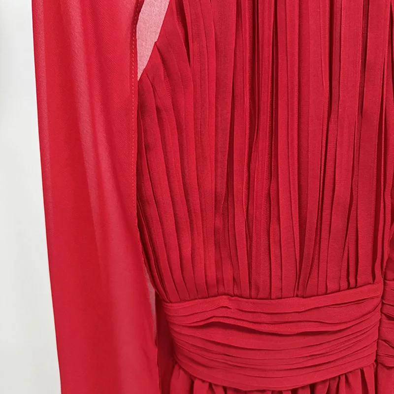 TWOTWINSTYLE rouge transparent épissé plis robes élégantes pour les femmes col haut manches cape tunique mode longue robe femme vêtements