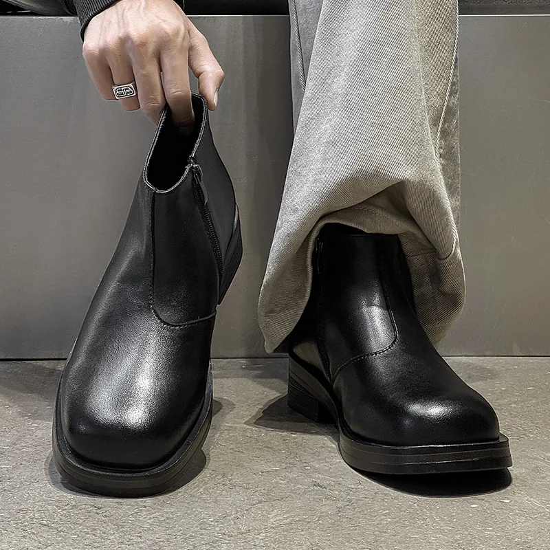 British style mens casual business office chelsea boots black brown shoes cowboy genuine leather boot platform ankle botas male