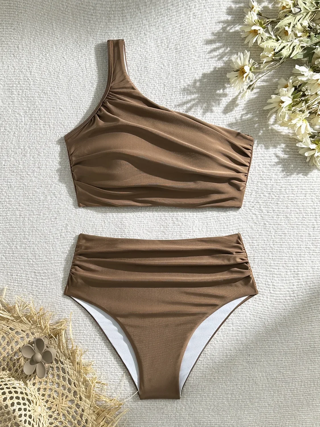 Summer Women's White Black Bikini Set High Waist Pleated 2 Piece Swimsuit Sexy One Shoulder Backless Bathing Suit Swimwear 2024