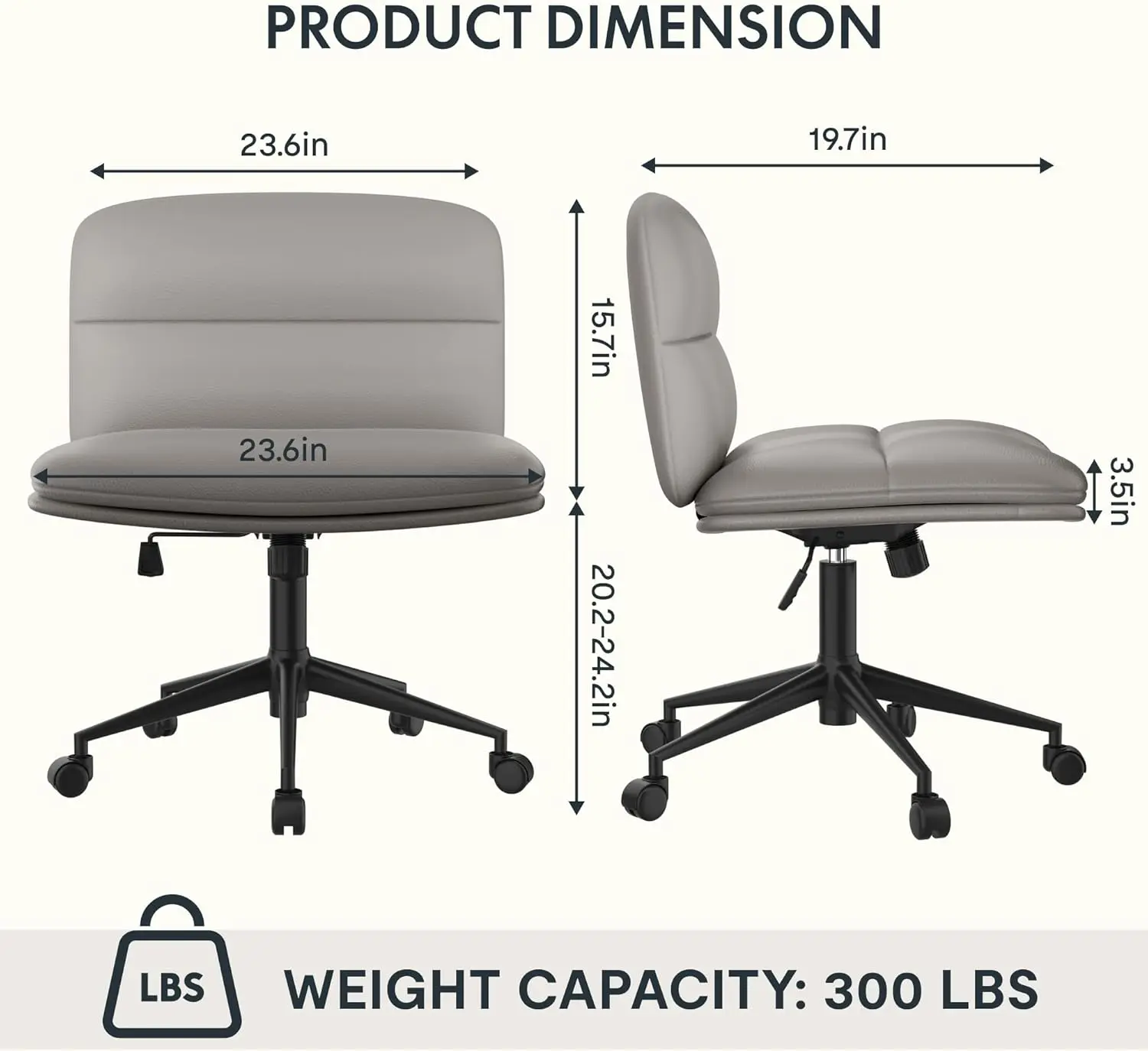 Comfy Seat Criss Cross Chair with Wheels Height Adjustable Armless Desk Chair Vanity Chair with High Back PU Leather (Gray)