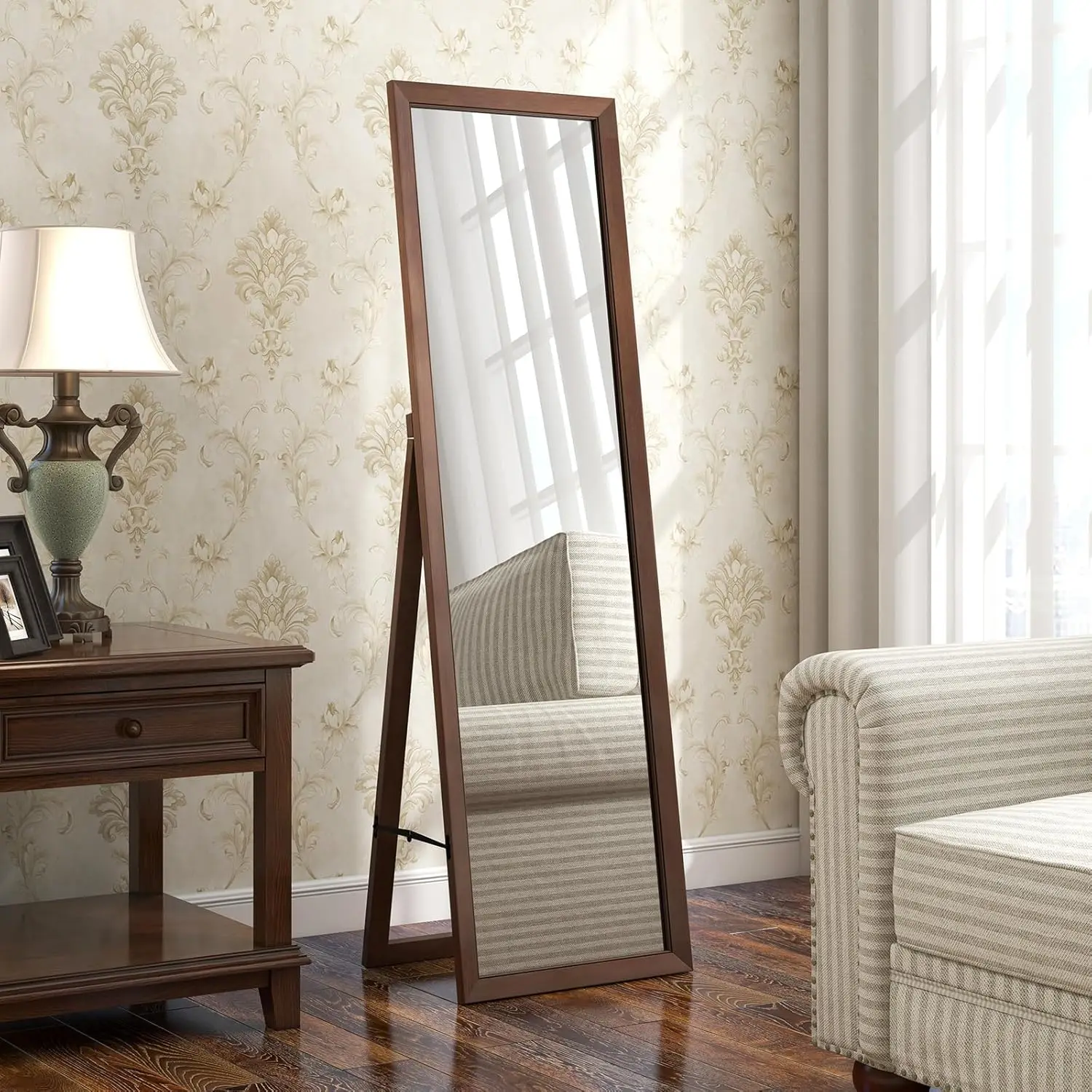 

Full Length Mirror with Stand, 61" x 14.5" Solid Wood Frame Floor Mirror, Free Standing Full Body Mirror for Living Room