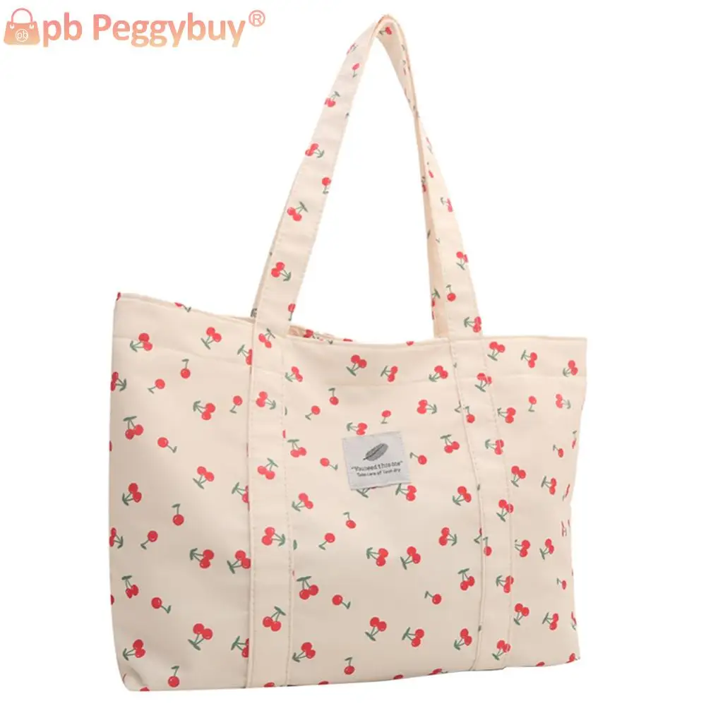 Cute Cherry Strawberry Print Casual Tote Bag Large Capacity Shopping Bag Nylon Top Handle Bag Grocery Bag for Women