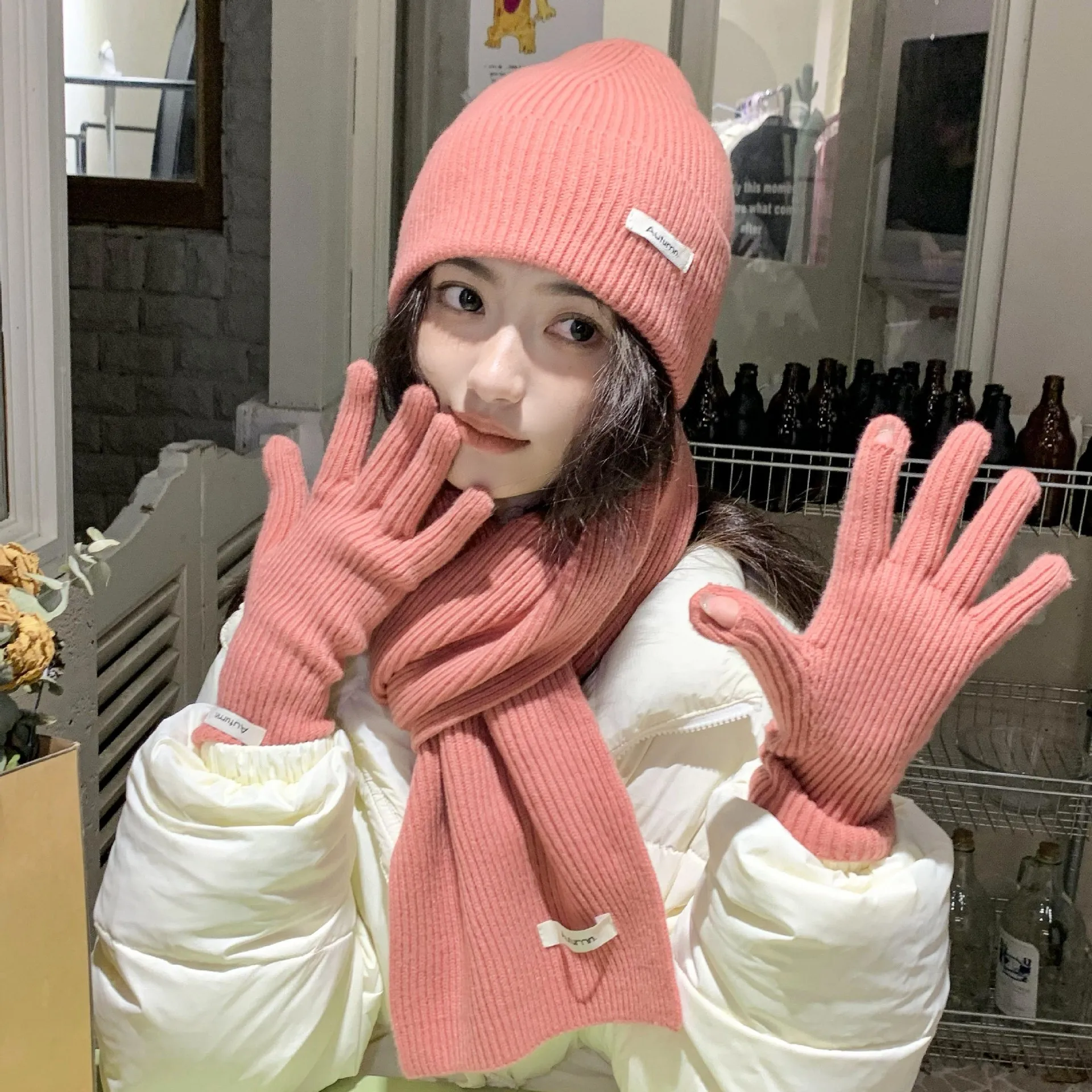 Gants écharpe trois pièces coréens pour femmes, automne/hiver, chapeau tricoté chaud, gants pour écran tactile, couleur unie, nouveau Style 2025