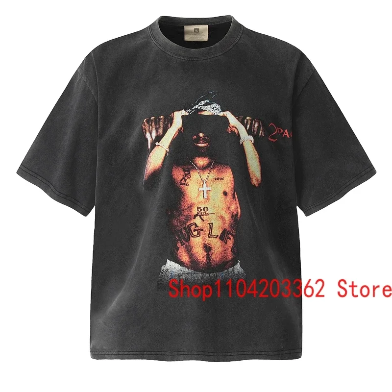 High Street Retro Washed 2PAC Short Sleeve Men's Loose Casual Rap Hip Hop Style Crew-neck T-shirt Tupac T-shirt Tops