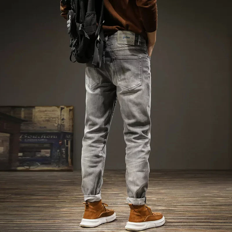 Newly Vintage Fashion Men Jeans High Quality Retro Gray Elastic Slim Fit Ripped Jeans Men Stretch Casual Designer Pants Hombre