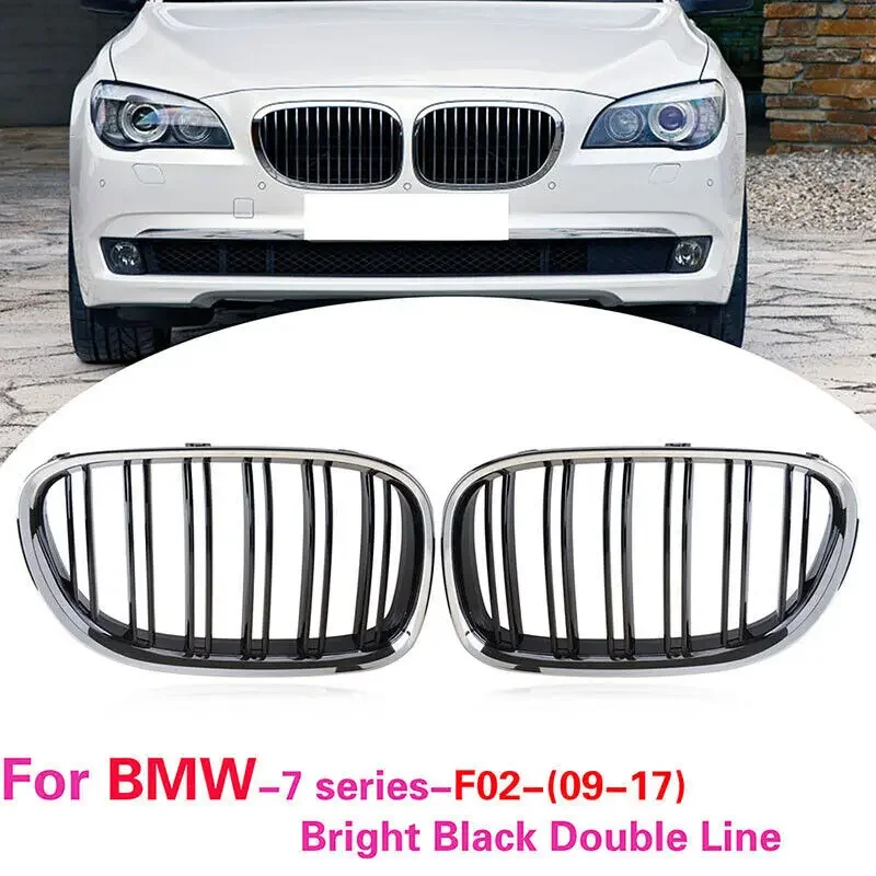 Pair Double Line Silver & Black Car Front Bumper Sport Grilles Kidney Racing Grill For BMW 7 Series F01 F02 2009-2015