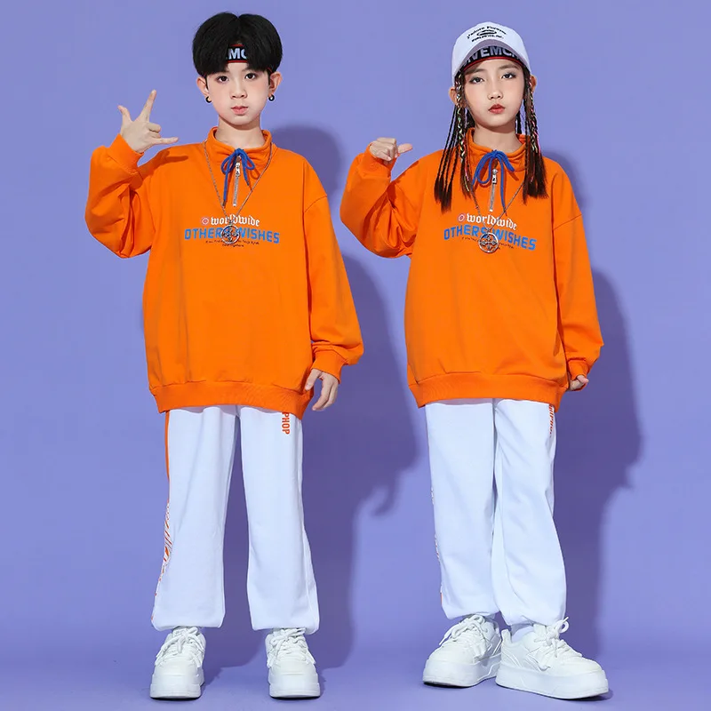 Kid Cool Hip Hop Clothing Orange Lace up Neck Sweatshirt White Casual Jogger Sweat Pants for Girl Boy Jazz Dance Costume Clothes