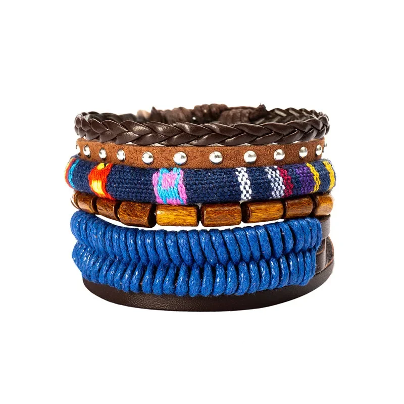 Punk Harajuku Gothic Retro Individuality  Fashion Multilayer  Wooden bead Leather Hand knitting Friendship Bracelet Set of 4