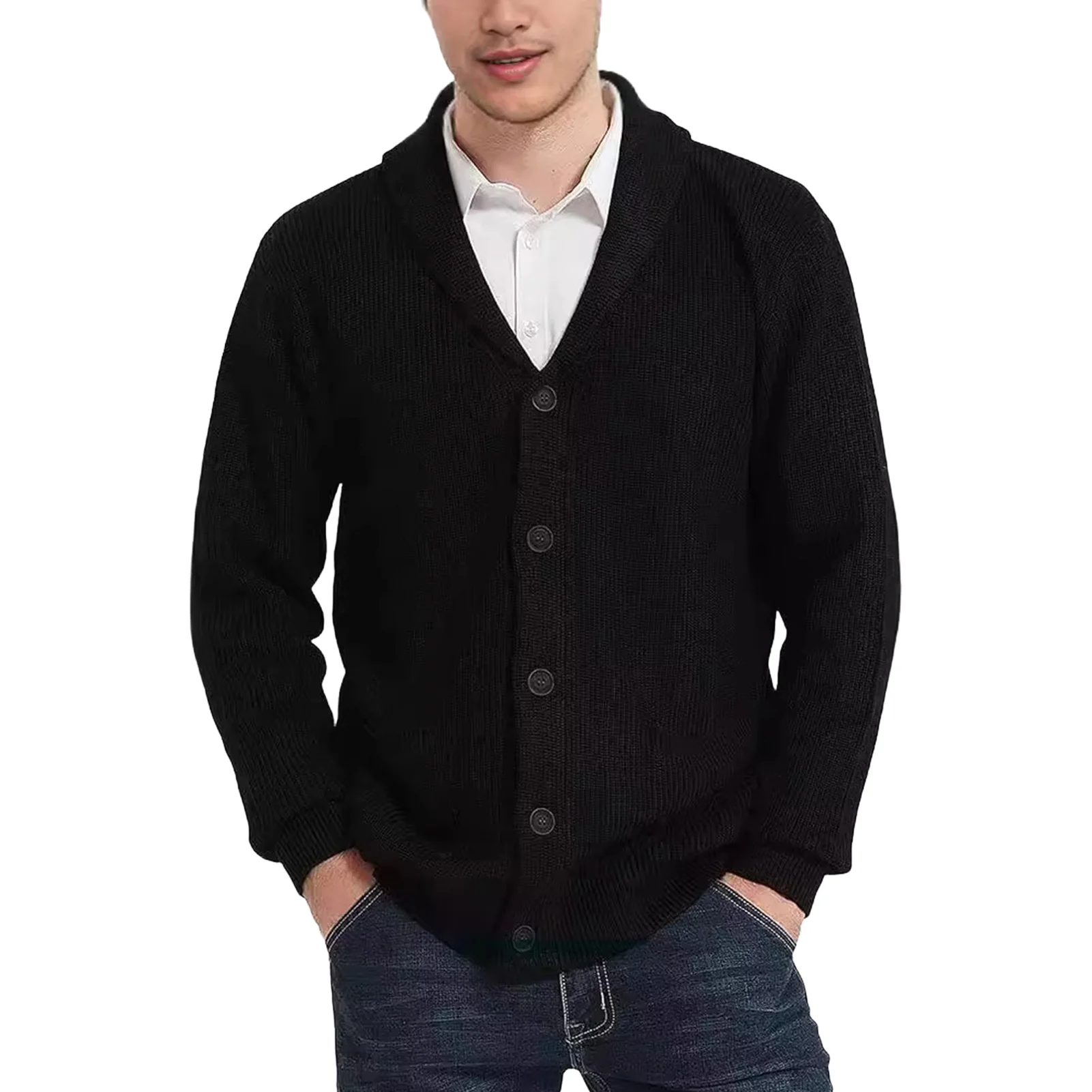 

Men Wool Blend Sweater Shawl Collar Cardigan Sweater with Pockets for Work Parties Sports Soft Warm