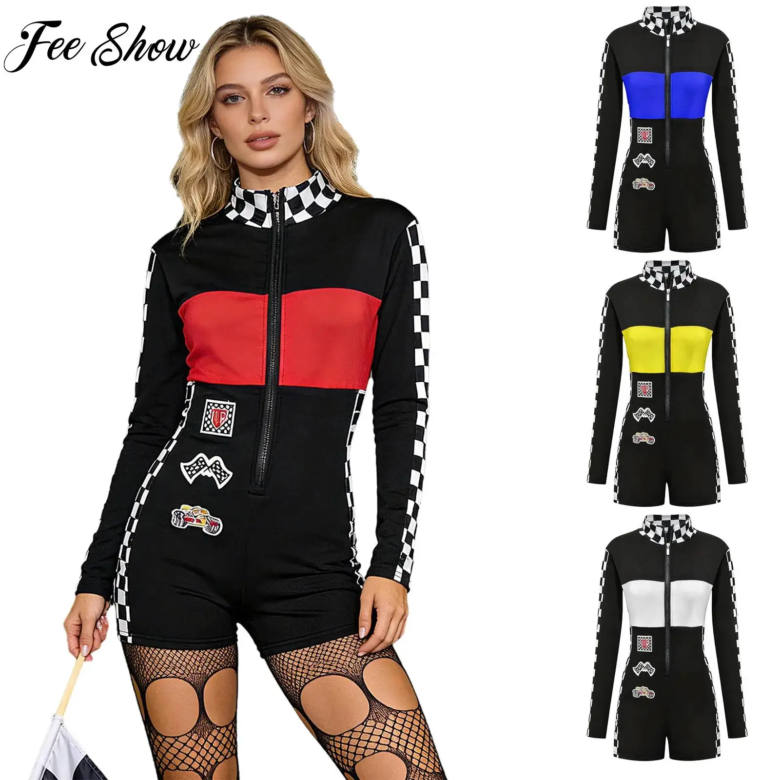 

Womens Racing Driver Jumpsuit Cosplay Costumes Long Sleeve Zipper Color Block Plaid Thigh Length Bodysuit Festival Party Clothes