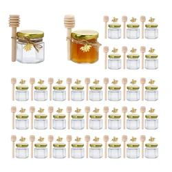 1.5oz Hexagon Mini Glass Jar with Wood Dipper Gold Lid Bee Pendant Jute Rope Small Containers Bottles for Jam Candies Honey Bab