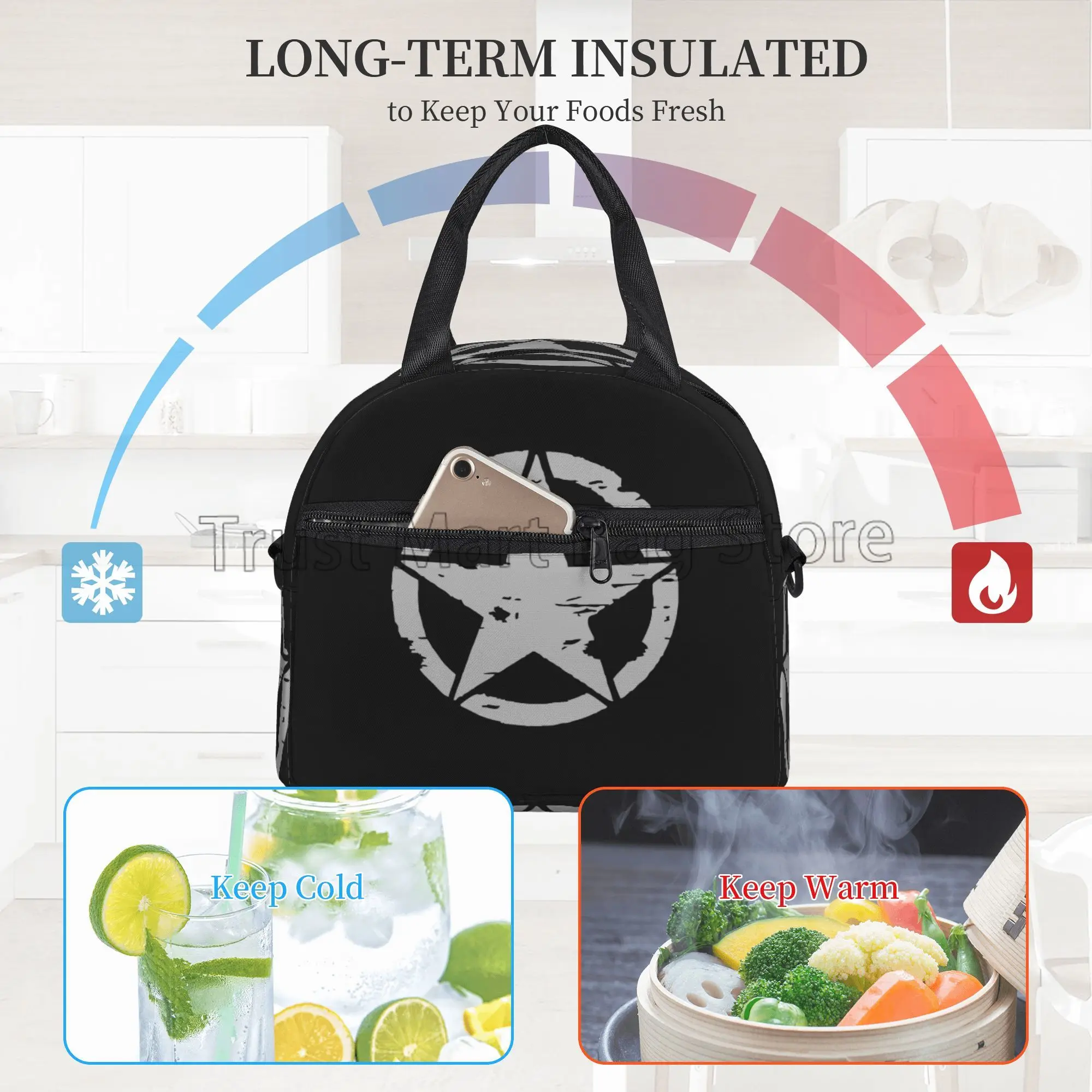 Military Tactical Star Insulated Lunch Bag Reusable Lunch Box with Shoulder Strap Thermal Cooler Tote for School Work Picnic