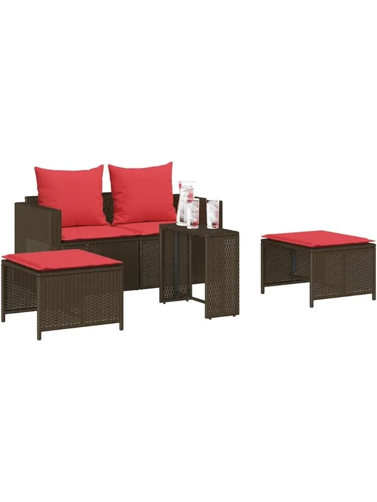 Set di divani da giardino da 5 pezzi con cuscini impilabili in polyrattan marrone, mobili da giardino, posti a terrazzo per giardino