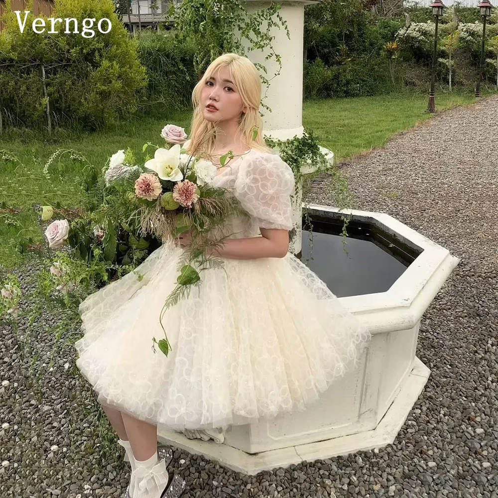 

Verngo Yellow Mini Lace Wedding Dress Square Collar A Line Short Sleeves Mini Bridal Gowns Pleated Short Prom Gown Customized