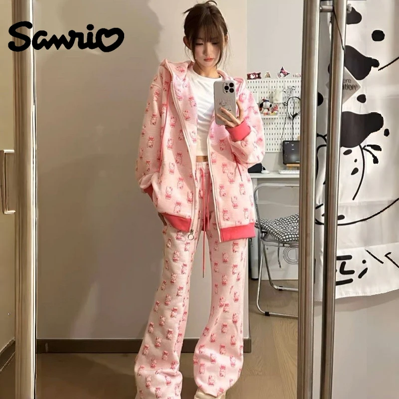 

Sanrio Hello Kitty Sportswear Set Kawaii Cartoon Anime Embroidered Printed Accessories Hoodie and Pants Two Piece Set for Women