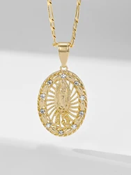 Virgin Mary Pendant Necklace Vintage Premium Copper Inlaid Zirconia 14K Gold Color Holy Medal Suitable For Gifts Daily Wear