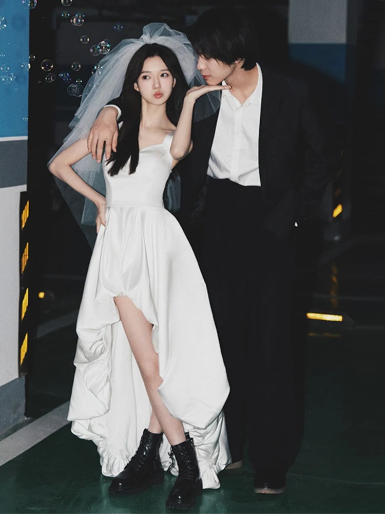 

White Strapl ort Satin Wedding Dr Sweet Cool Outdoor Ceremony Dr Simple Sle Floral Embroidery mid Waist Design