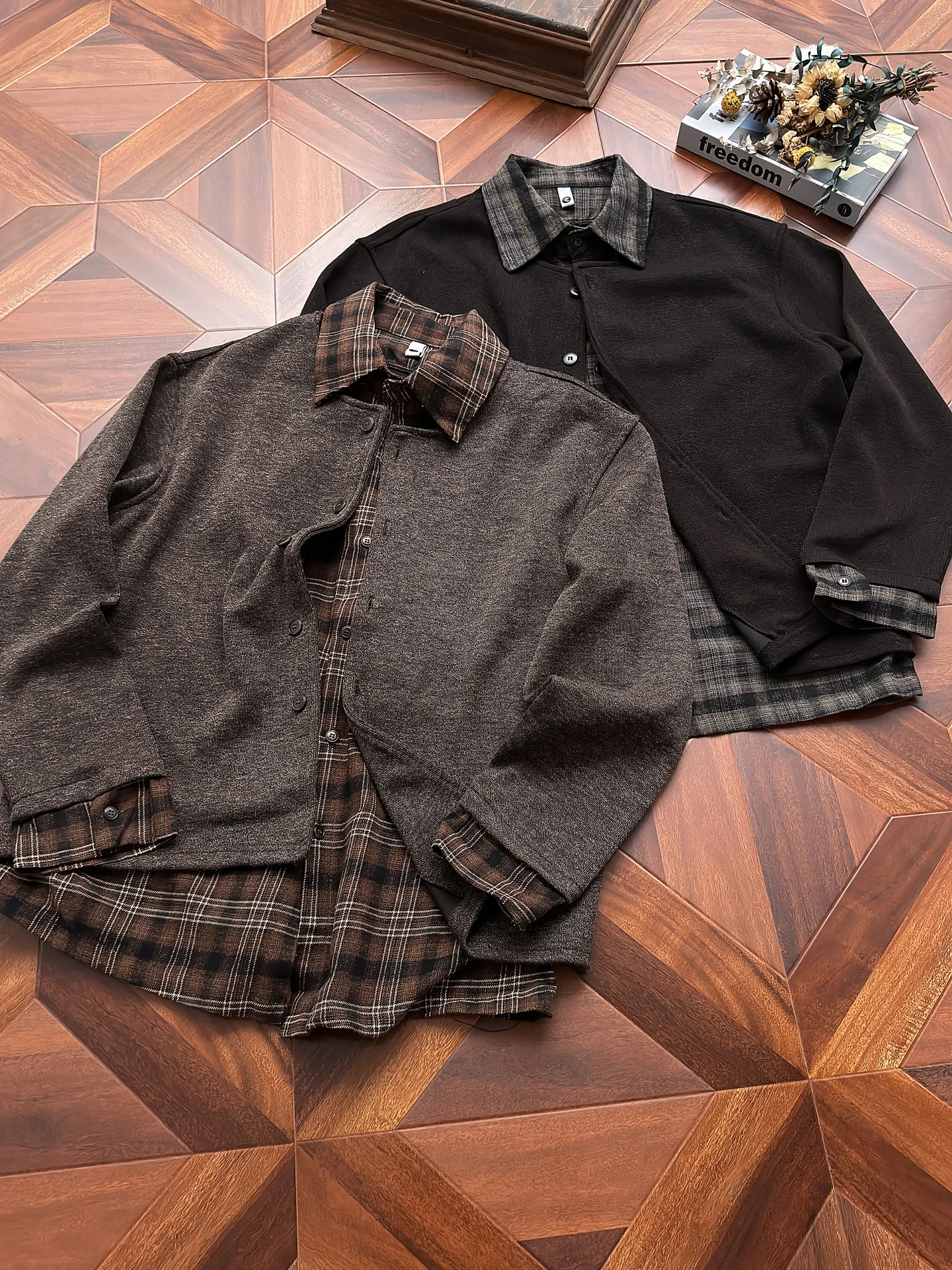 Loose Fit Plaid Shirt Collar Jacket for Men Spring Autumn Vintage Checkered Patchwork Outerwear Breathable Long Sleeve Top
